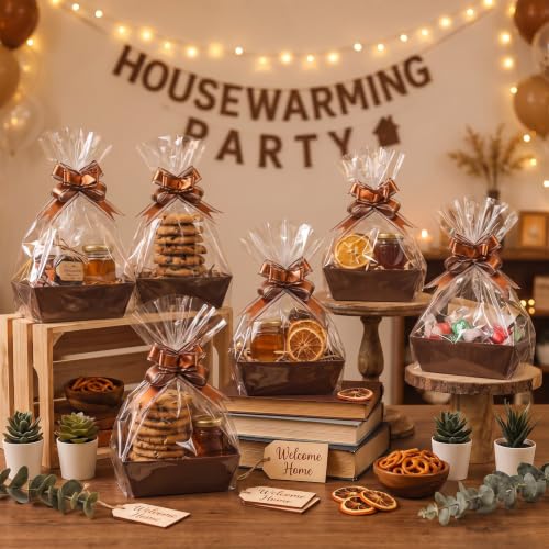 Image of Thenshop 44 Pcs Basket for Gifts Empty Gift Basket Bulk Include 12 Cardboard Tray 12 Plastic Bag and 20 Pull Bows for Christmas Fall Halloween Birthday Wedding Party DIY Wrapping (Brown,Solid)