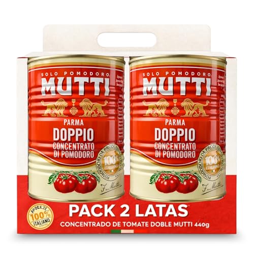 Concentrado de tomate doble Mutti, Pasta de Tomate Doble Concentrada, Pomodoro Doble Concentrado, Elaborado con pomodoro 99,5%, sal, Sin Gluten, Sin Lactosa, Sin huevos, Contiene 2 latas de 440 gr