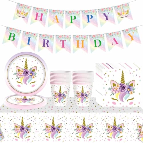 54Pcs Unicorn Girls Party Tableware - Decorations, 7inch Paper Plates, Banner, Paper Napkins for Kids Unicorn Theme