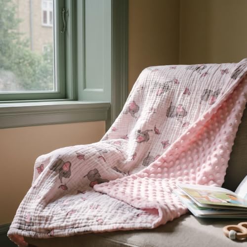 Image of GLLQUEN BABY Muslin Baby Blankets for Boys & Girls, 2-Layer Toddler Blanket | Cotton Top with Dotted Fleece Back, Soft Receiving Blanket for Nursery Stroller Crib, 30''x40'', Pink Elephant