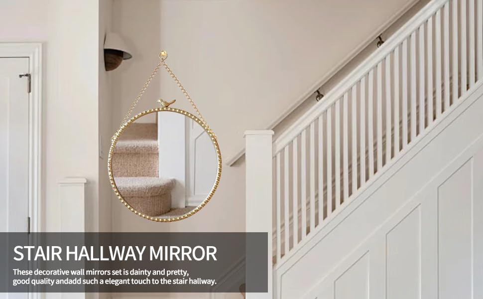 Miniatura 8 de Espejo de pared redondo rústico con cadena de hierro y detalles de gorrión, espejo colgante vintage de 9.8 pulgadas con marco de metal dorado para