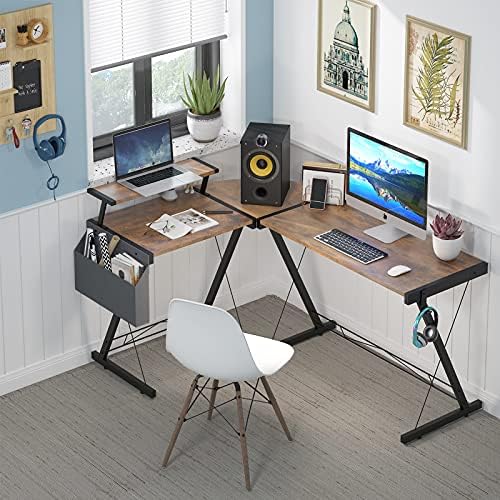 Dripex L Shaped Computer Corner Desk with Monitor Stand Storage Bag, Industrial Gaming Desk, Writing Workstation PC Laptop Study Table for Home Office 152x113x72cm