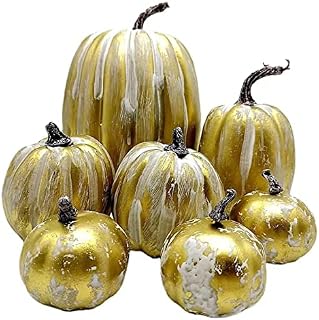 HBell 7Pcs Artificial Pumpkins Decoration Sets,Gold Brush White Foam Pumpkins Large Golden Harvest Faux Pumpkin for Autumn Thanksgiving Halloween Fall Home Decor