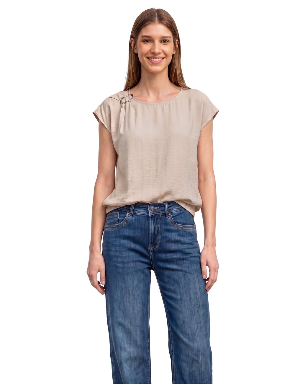 Street One Blouse Shirt with Crew Neck and Buckle Detail Clay Sand 42