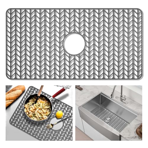 GUUKIN Gray Silicone Sink Mat for Farmhouse Sink with Center Drain