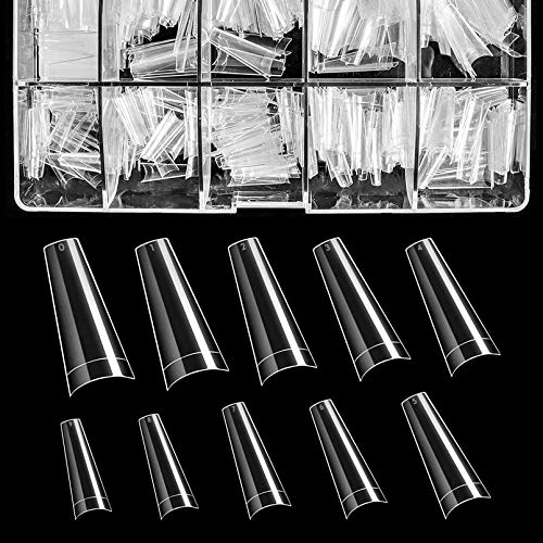 Clear Coffin Nail Tips, Kememo 500pcs Half Cover Artificial Ballerina shaped Fake Nails, Acrylic French False Nail Tips with Case for Nail Salons and DIY Nail Art