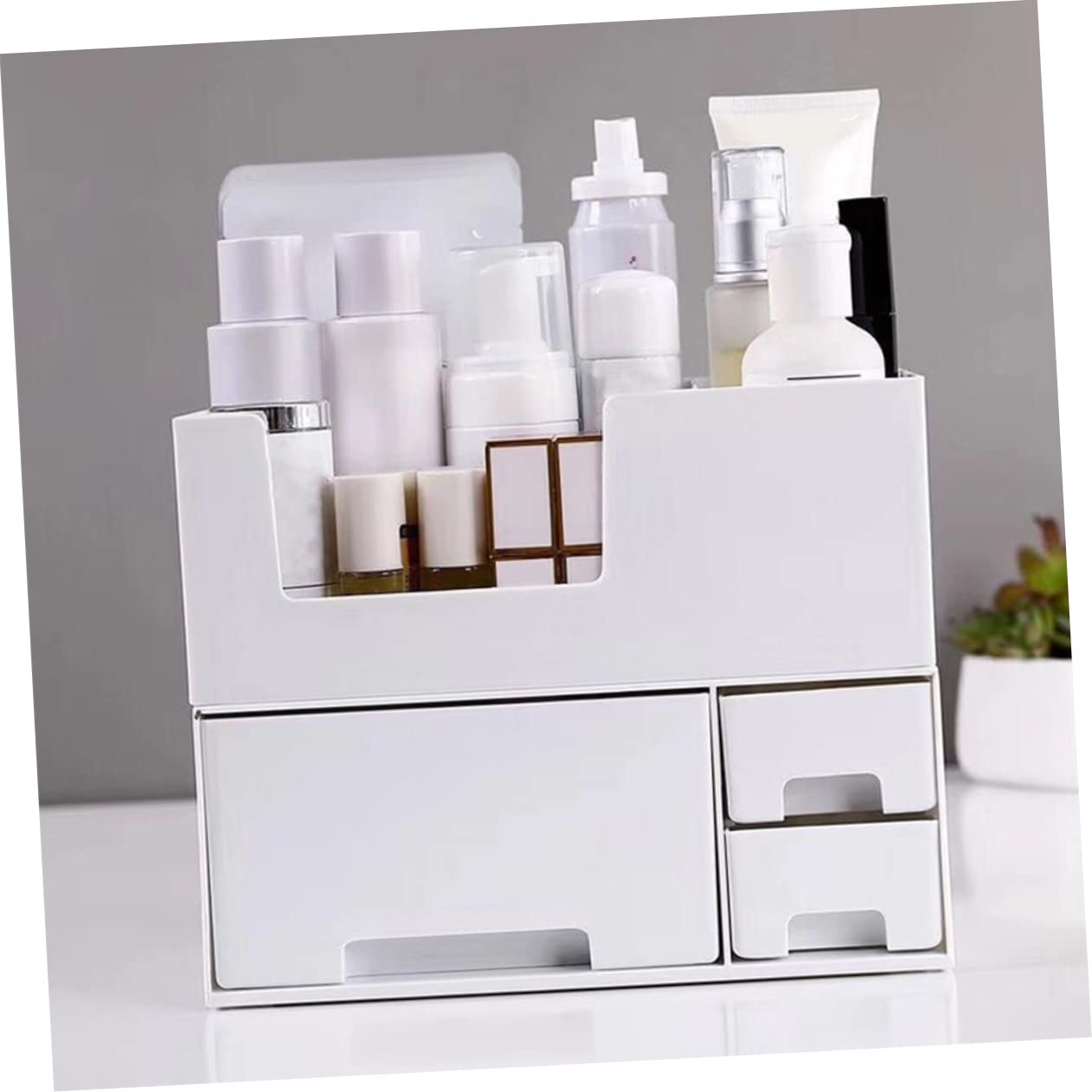 Organizer per Cosmetici Design Semplice e Facile da Pulire in Plastica Bianca Doppio Strato e Ampio Spazio per Scrivania e Cassetti