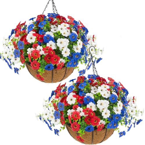 Hananona 2 Set Artificial Outdoor Flowers with Hanging Basket 2 Hanging Planters with 24 Pcs Patriotic Flowers for Summer Front Porch Patio 4th of July Decor (Red White Blue)