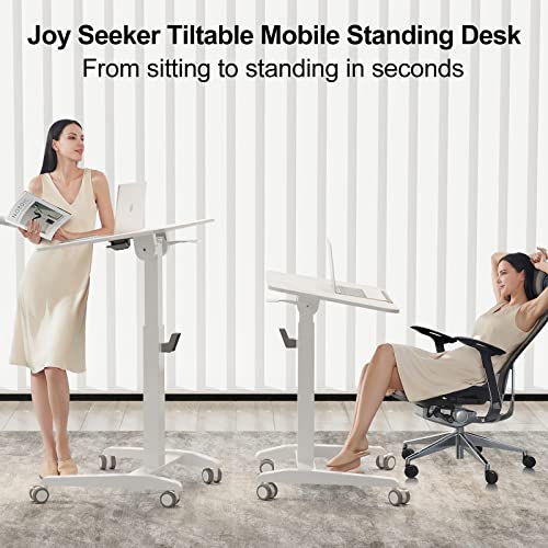 Joy Seeker Mobile Standing Desk, Pneumatic Height Adjustable And Tilt Laptop Table, 90° Tiltable Rolling Laptop Desk, Portable Sit Stand Desk With Wheels, Mobile Workstation For Home Office, White #TOP6