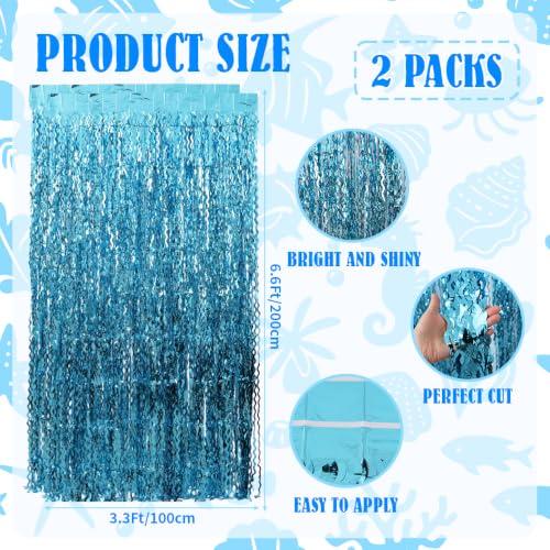 Image of TONIFUL 2Pcs Wavy Light Blue Metallic Tinsel Foil Fringe Curtain Streamer