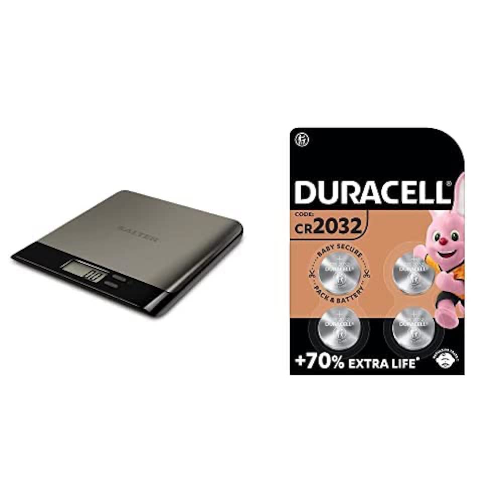 Salter 1052A SSBKDR Arc Pro Stainless Steel Kitchen Scale, Compact, 5kg Max Capacity, Stainless Steel & Duracell Specialty 2032 Lithium Coin Battery 3V,pack of 4,Baby Secure Technology (DL2032/CR2032)