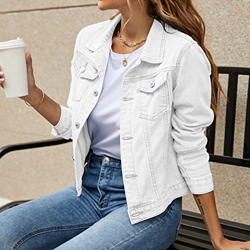 Women's Stretch Denim Jacket Basic Solid Button Down Jean Coat Relaxed Fitted Long Sleeves Shacket Outerwear with Pockets4