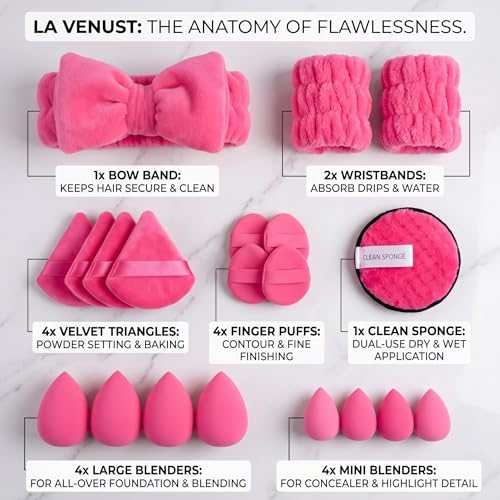 Image of 20pc Essential Makeup Sponge Kit Set - Soft-Touch Makeup Sponges for Cream & Liquid - Aesthetic Bow Spa Set & Wristbands - Under-Eye Precision Puffs & Blender Cleaner - Complete Beauty Organizer Kit for Girls & Women (Cyber Pink Edition)