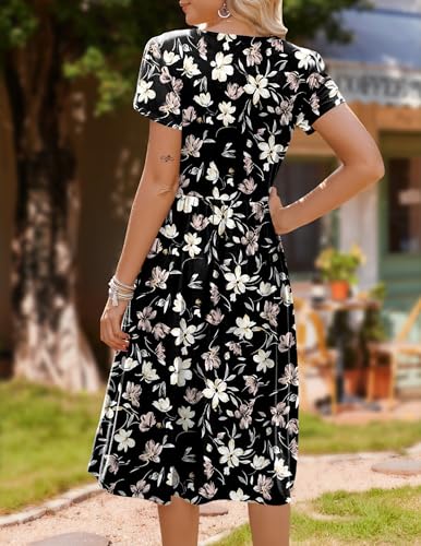 Image of HOTOUCH Women's Summer A-Line Midi Dresses 2026 Casual Floral Short Sleeve T-Shirt Dress Flowy Beach Sundress with Pockets