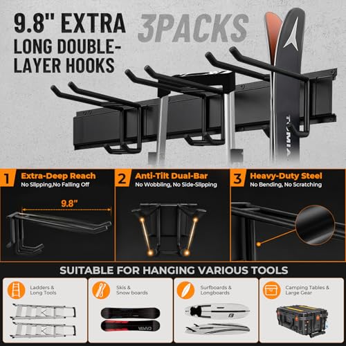 Image of 99 inch Heavy Duty Garage Tool Organizer Wall Mount, Steel Garage Storage Rack Holds up to 900 lbs with Adjustable Hooks, Wall Mounted Tool Organizer for Garage, Shed & Yard, 6 Panels, 13 Hooks & 2 Straps