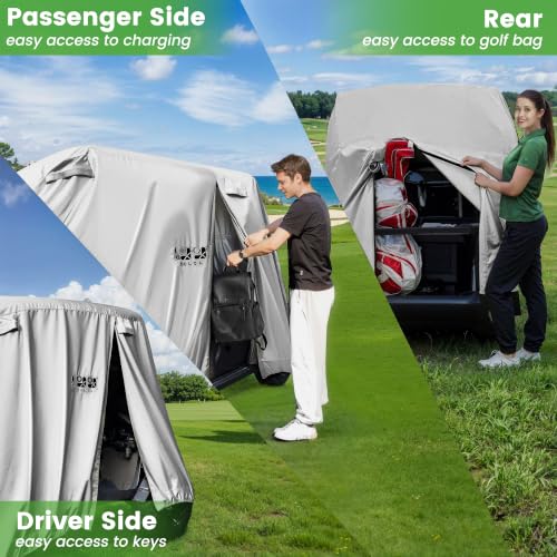 Image of 10L0L 4 Passenger Golf Cart Cover Fits EZGO, Club Car and Yamaha, 400D Waterproof Durable Polyester Golf Cart Cover with Three Zipper Doors Windproof Sunproof - Sliver