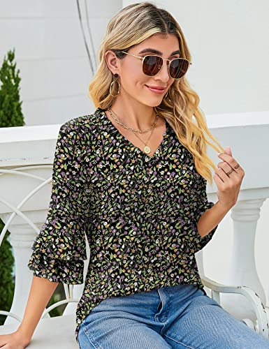 Tfsdod Women's Tops V Neck 3/4 Flutter Sleeve Loose Fit Blouses Ruffle Casual Floral Print Shirts Tunics Black Purple Floral Large #TOP5