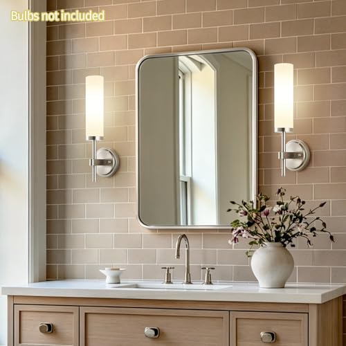 Image of [Hardwired] Wall Sconces Set of Two, Brushed Nickel Bathroom Sconces with Milky White Glass, Modern Wall Light Fixtures for Bathroom Mirror Vanity, Living Room, Hallway, Stairway, Cabinet, Foyer