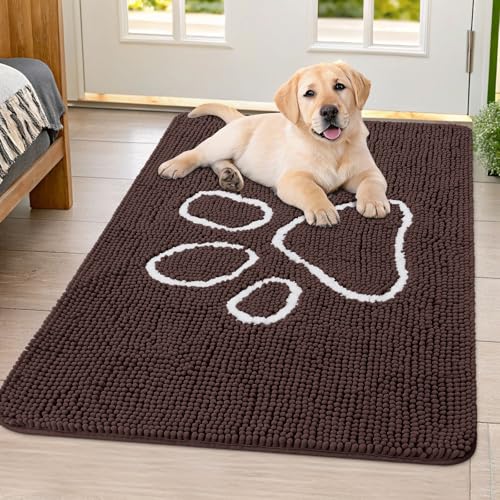 Image of Smiry Dog Door Mat for Muddy Paws, Absorbent Dirt Trapper Non Slip Quick Dry Washable Chenille Mat for Mud Dogs, Entry Rug for Indoor and Outdoor (40x32 Inches, Brown and White)