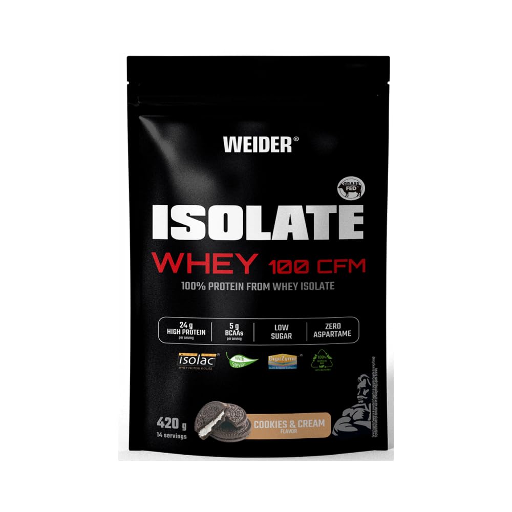 Weider Isolate Whey 100CFM (420g) Cookies&Cream Flavour, Protein 100% Isolate Whey from Isolac®, 24g Protein/Portion, with Digestive Enzymes Digezyme®, Low Sugar, No Aspartame, Low Fat, 14 Servings