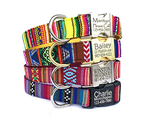Engraved dog collar Personalized dog collar Dog id tag Embroidery dog collar Aztec Navajo Boho Bohemian Tribal Southwestern custom pet collar Yellow Brown red Purple Puppy Small dog Large dog boy dog