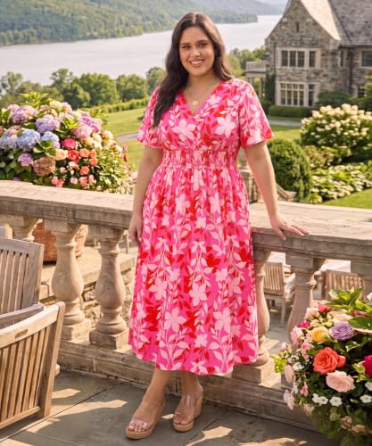 Image of CARCOS Plus Size Dresses for Curvy Women V Neck Summer Maxi Dress Short Sleeve Floral Boho Dress Smocked Waist Beach Dress