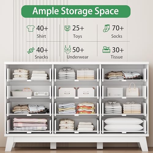 Image of Xixini Fluted Dresser for Bedroom with 12 Drawers, 57 inch Wide Modern Chest of Drawers with Metal Handle, Wooden Dresser TV Stand, Wood Closet Clothes Storage Organizer for Living Room, Hallway, White