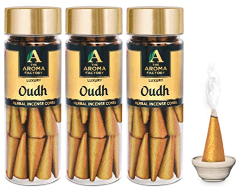 Image of The Aroma Factory Incense Dhoop Cone, Oudh (100% Herbal & 0% Charcoal) 3 Bottles x 30 Cones