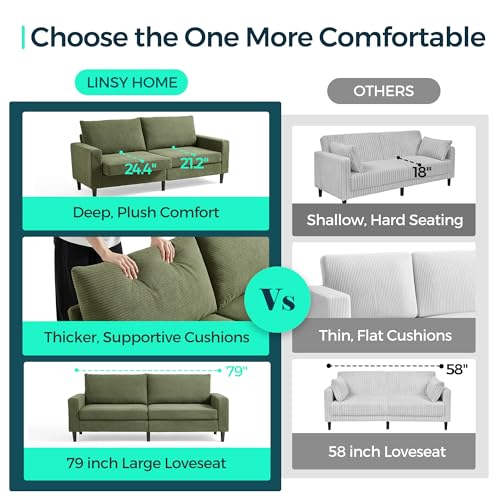 LINSY Modern Loveseat Sofa Couches for Living Room, Comfy Corduroy Sofa, Adjustable Seat Depth, Extra Deep Seats, Solid Wood Frame, Removable Cover, Love Seat Couch for Small Spaces (79inch, Green) - Image 4
