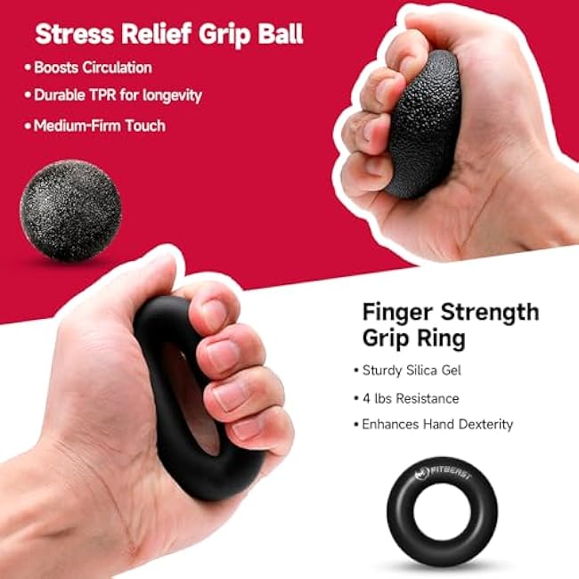 FitBeast Hand Grip Strengthener Workout Kit (5 Pack), 2 Forearm Grip Adjustable Resistance Hand Gripper, Finger Stretcher, Grip Ring & Stress Relief Grip Ball for Athletes