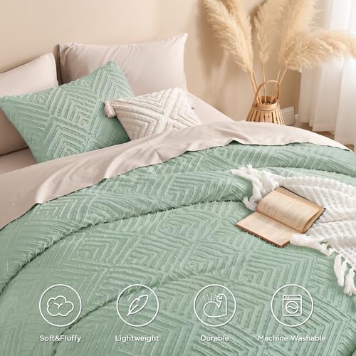Image of Andency Full Comforter Sets Sage Green, Boho Lightweight and Fluffy Bedding Set for Full Bed, 3 Pieces Tufted Farmhouse Design for All Seasons (79x90Inches, 1 Comforter and 2 Pillow Shams)