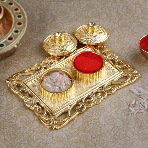 LUXCKY Golden Decorative Designer Roli Chawal/Rice Holder, Kumkum Haldi Holder Rakhi Pooja Thali Indian Festival Diwali Pujan Mandir Tika Roli Plate (Rectangle Shape)