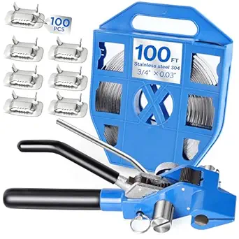 Hawaminent Steel Banding Strapping Kit - Steel Strapping Tool with Ratchet Tensioner&Cutter, 100Feet?3/4'' S304 Banding Coil with Blue Tray, 100ps Steel Buckles, Complete High Tensile Metal Packing