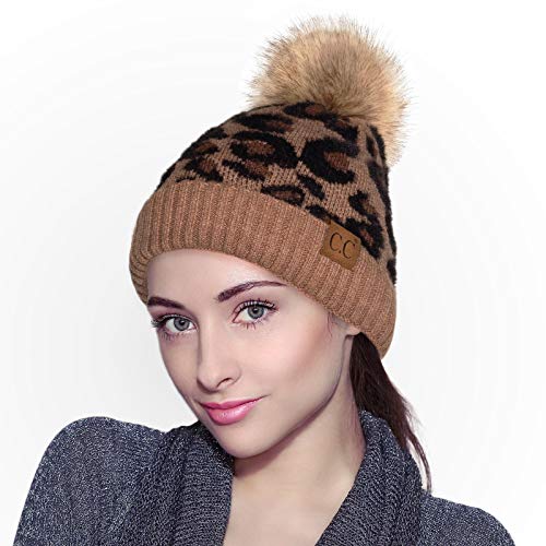 Image of C.C Exclusives Soft Beanie hat with Leopard Pattern and Fur Pom(HAT-7001)(SF-7001)