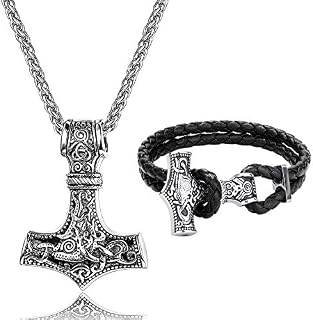 LOLIAS Men's Necklace Viking Bracelets Set for Men Boy Thor's Hammer Necklace Mjolnir Stainless Steel Necklace Leather Cuff Bracelets Braided Cord Thor's Hammer Jewellery Punk Goth Viking Gift for Men