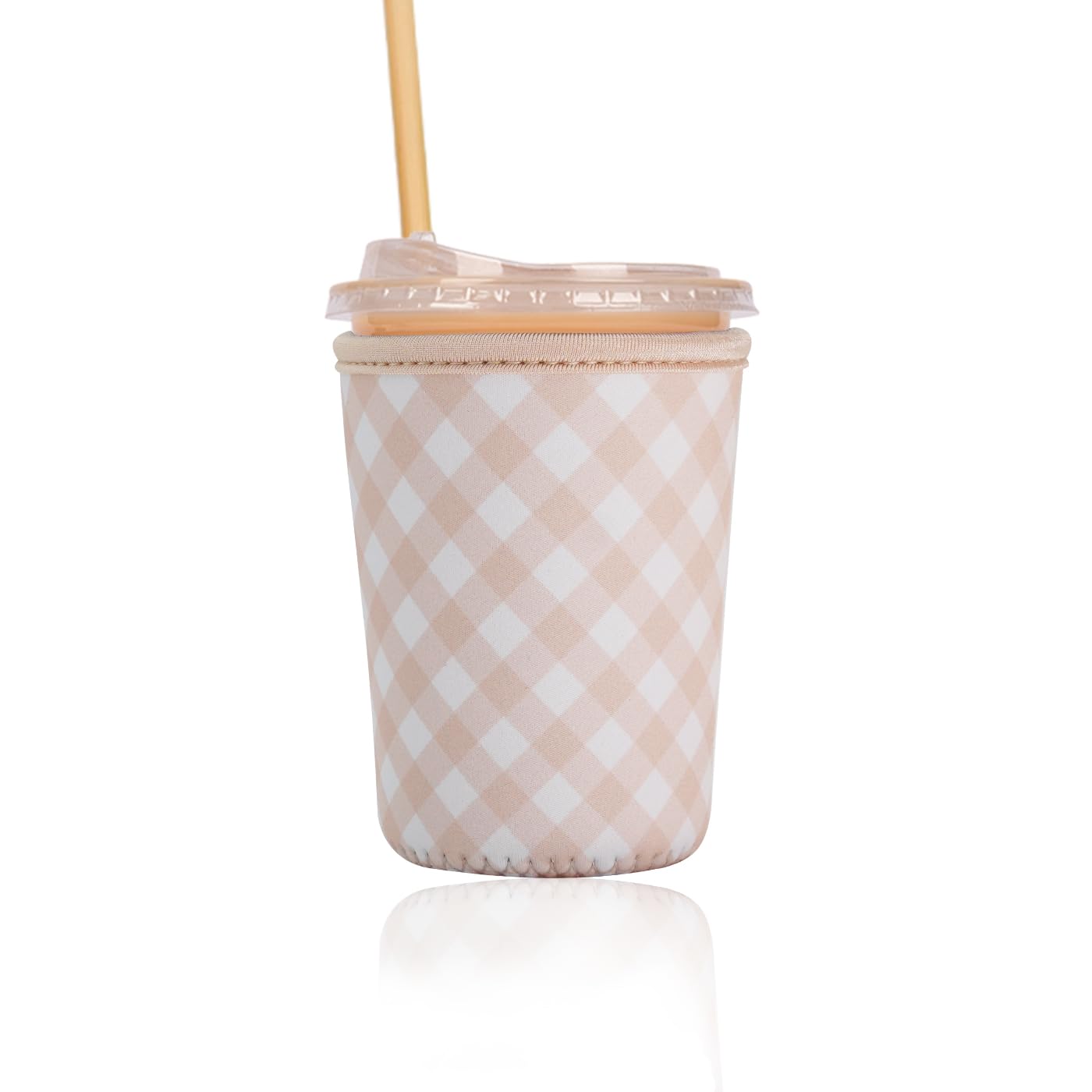 Reusable Insulated Sleeve for Iced Coffee Cup, Coffee Neoprene Sleeve for Cold &amp; Hot Drinks, Beverage Holder for Iced Coffee (Cream Gingham, Small: 16-18oz)