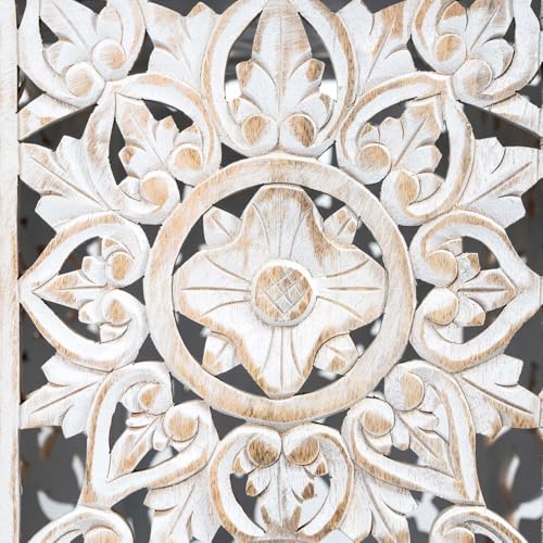 Image of Wooden Coffee Table for Living Room | Handcrafted Solid Wood Center Table for Living Room with Carved Floral Design | Coffee Table for Home, Wooden Furniture for Home (White Distress)