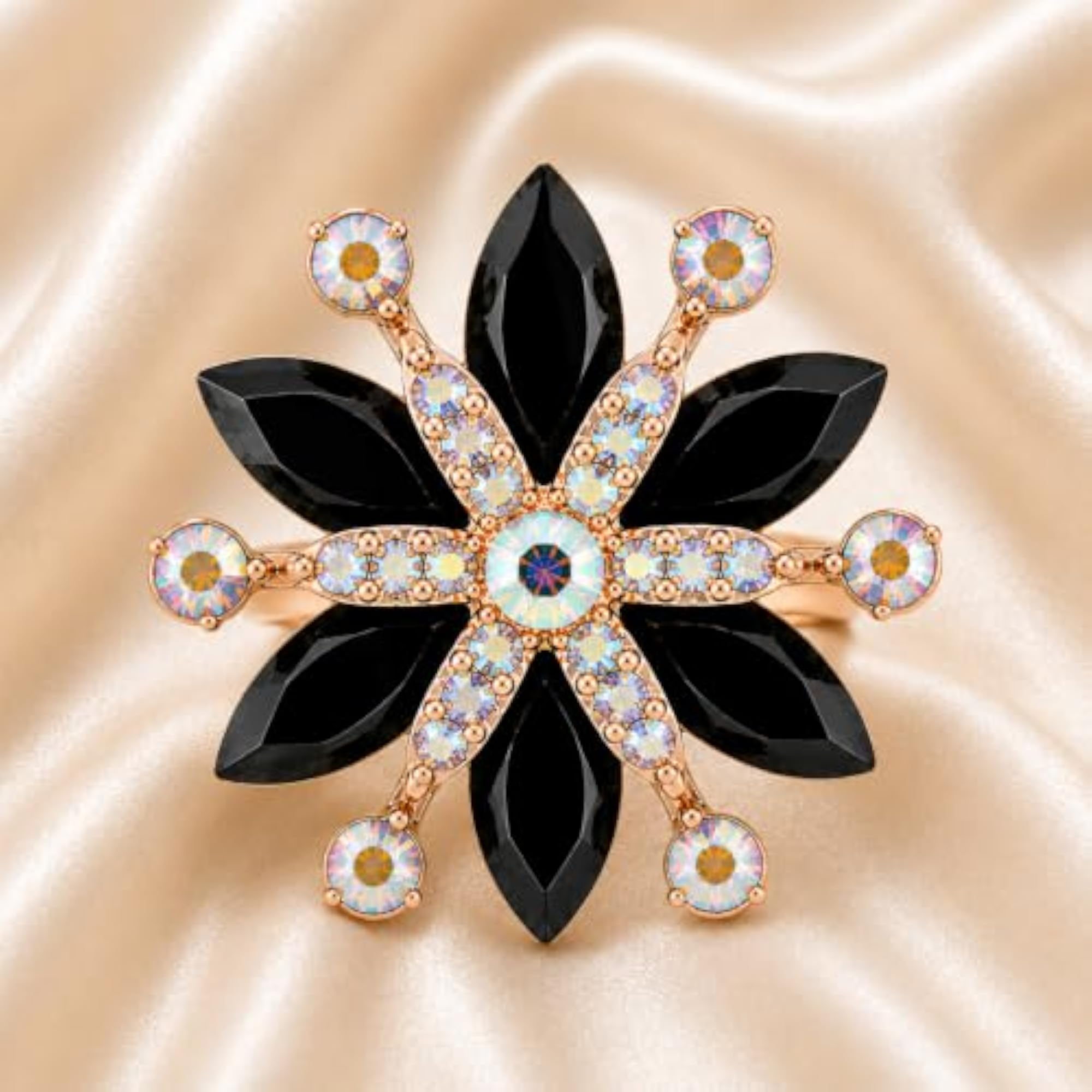 Women's Midnight Bloom Rose Plated Cocktail Ring, Floral Statement