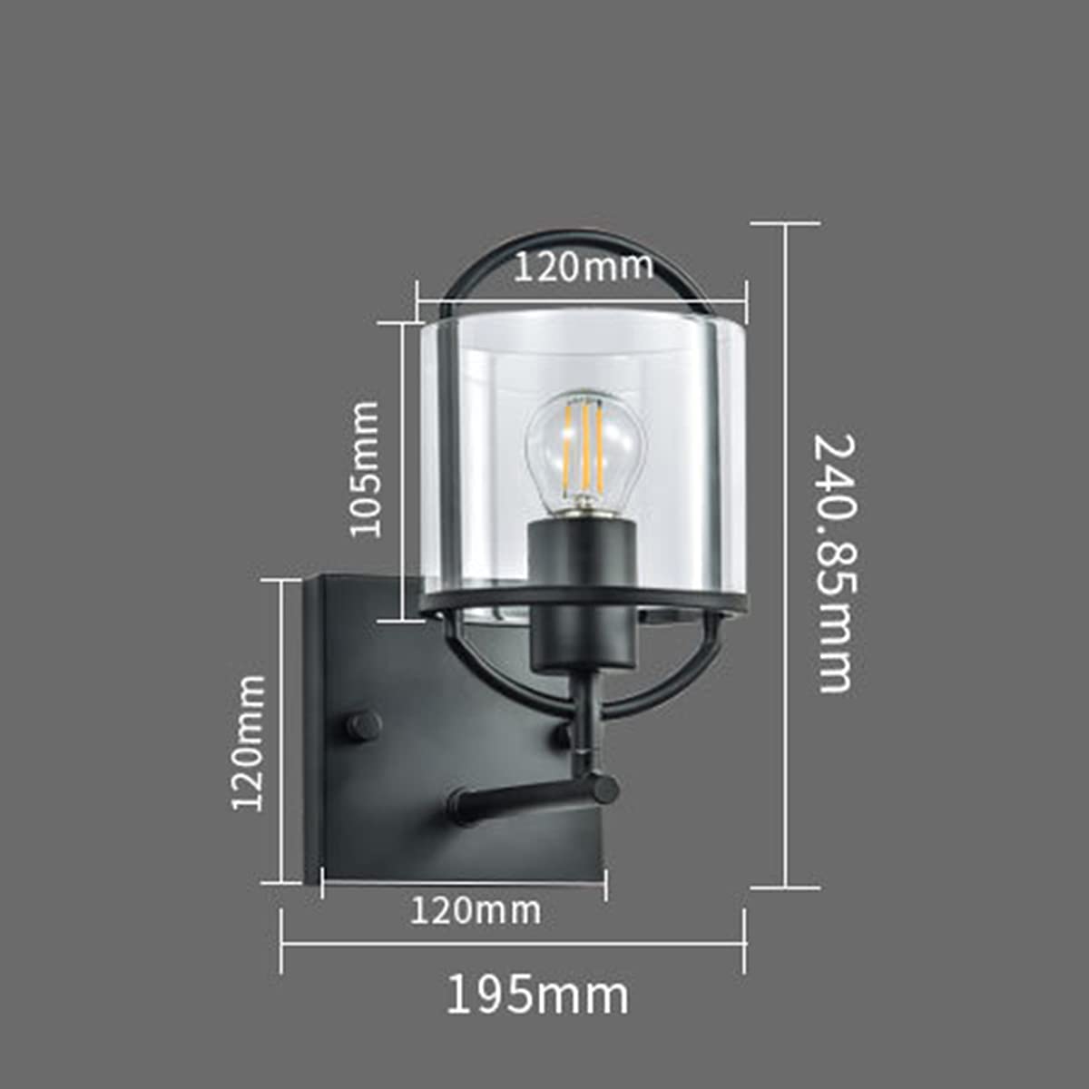 WXKAGF Lampada da Parete Industriale Nera Lampada da Parete per Interni retrò Vintage in Vetro con Base per Lampada E27, lampade da Comodino in Stile Semplice, Applique da Parete in Gabbia di Metallo