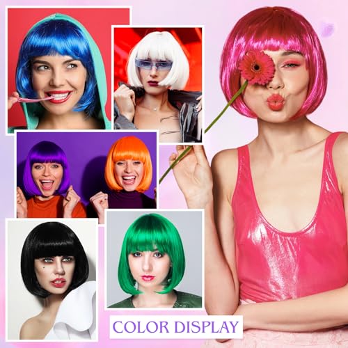 Image of MEEZY 2 Pcs Colorful Bob Wigs with Bangs Black Purple for Women, Neon Fun Wig Short Bob Hair with Heart Sunglasses Hair Cap for Halloween Costume Cosplay Photography Birthday Bachelorette Party