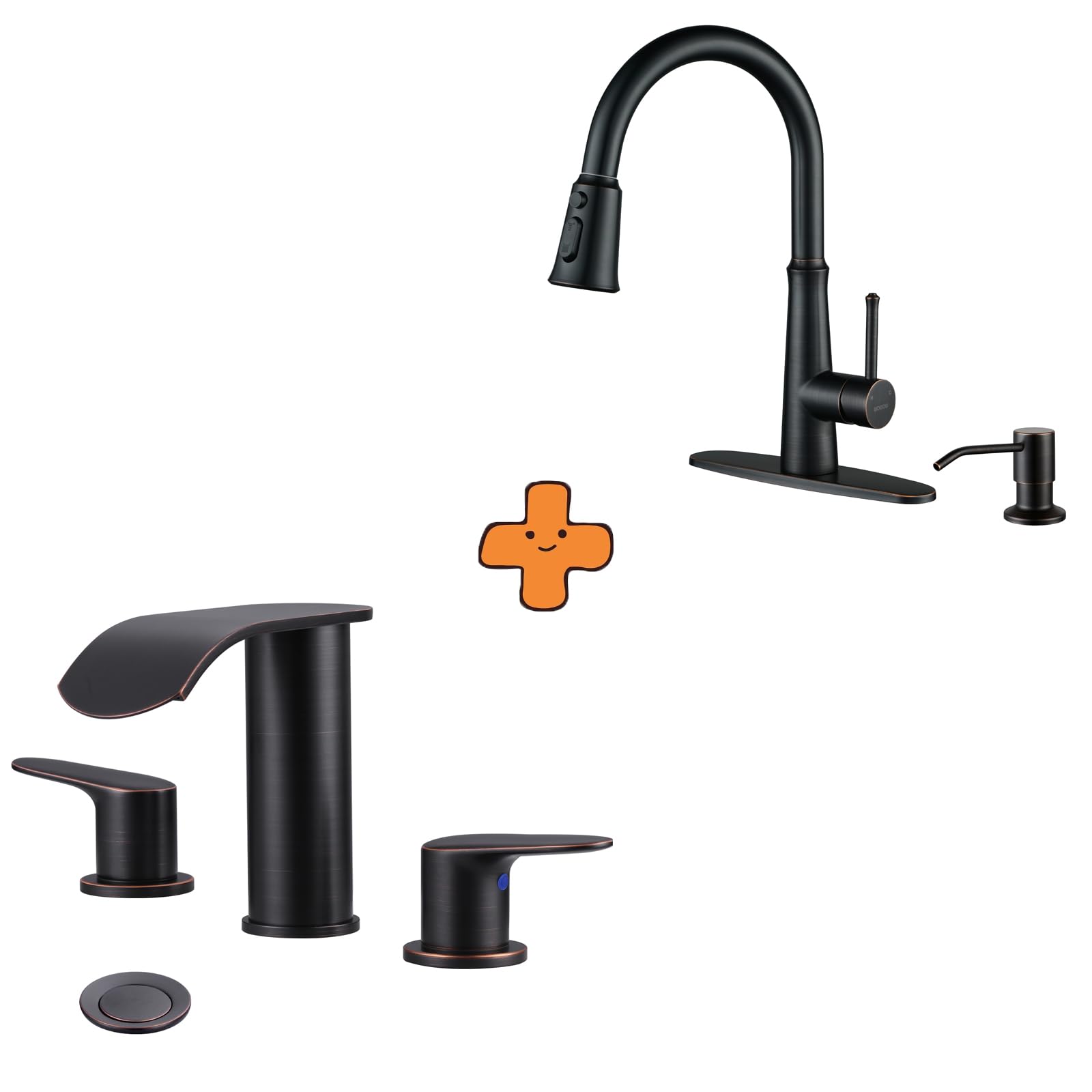 Jnfidosr Bronze Oiled Rubbed Waterfall Bathroom Faucet 3 Holes 8Inch Widespread Bathroom Sink Faucet And Kitchen Faucet With Sprayer,Oiled Rubbed Single Handle High Arc Stainless Steel Kitchen Fau