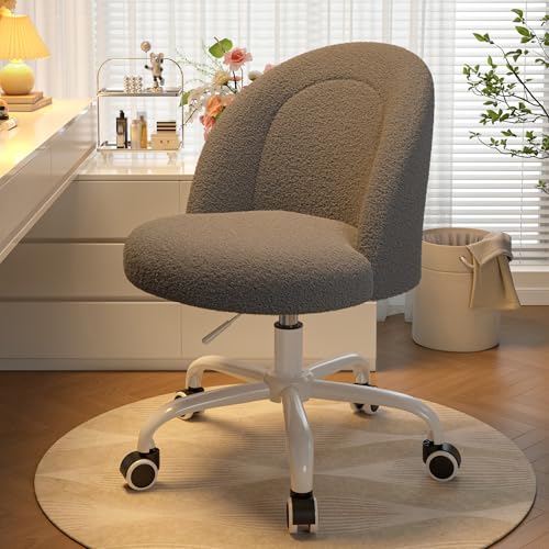 Image of DurayLoly Vanity Chair with Back, Cute Desk Chair with Wheels, Armless Chair with Height Adjustable & 360 Swivel, Soft Lumbar Support for Small Space, Bedroom, Grey