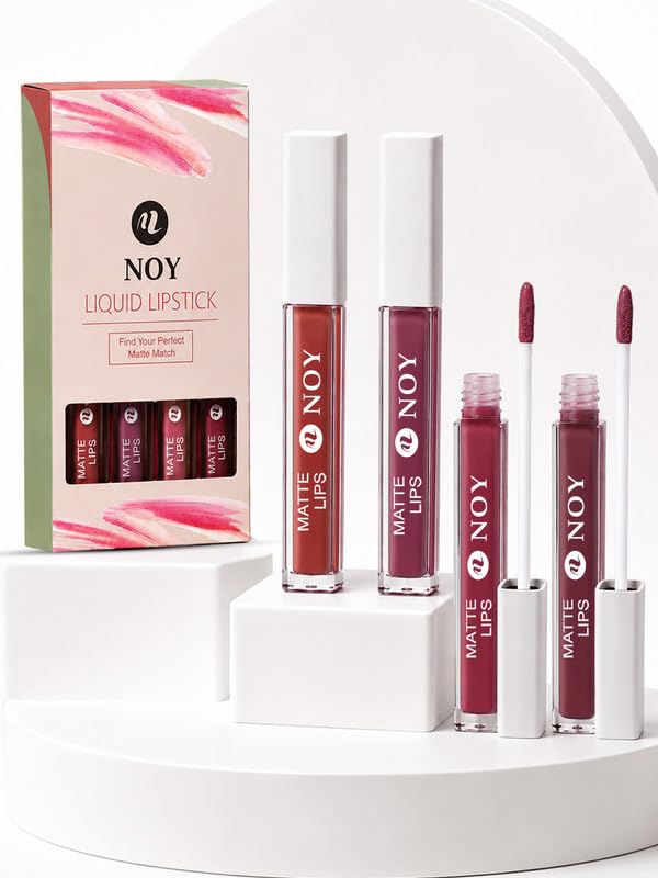 Image of Noy Lipsticks For Dark Skin Tone Women Velvety Matte Formula for Smooth, Even Coverage - Cherry Nude, Nude Pink, Mauve Nude, Dark Maroon Shades Pack of 4