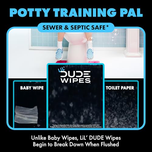 Image of LiL' DUDE Wipes Flushable Potty Training Water Wipes, Unscented, 84 Count | 99% water plastic-free wipes for toddlers and kids. Hypoallergenic, sensitive skin. Septic safe, unlike baby wipes. 2 pack.