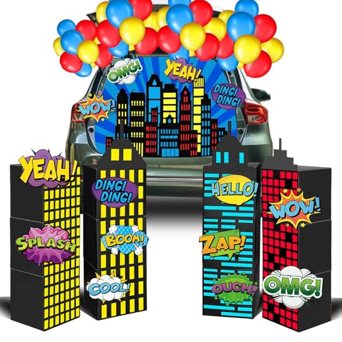 53 Pcs Halloween Super Theme Hero Trunk or Treat Car Decorations Kit Include Skyscraper City Boxes Card Stickers 51 × 39 Inches Skyline Buildings Backdrop Decorative Balloon for Outdoor Archway Garage
