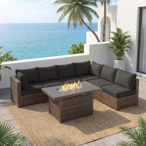 gaildon 7 Piece Outdoor Patio Furniture Set with 42 Fire Pit Wicker Furniture Sectional Conversation Sofa Set with Comfortable Cushions Black