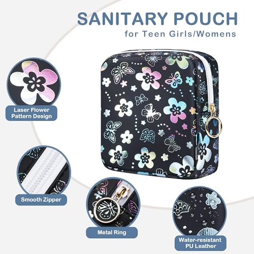 Image of Likesing Period Bag Pouch, Leather Sanitary Napkin Storage Bag for Girls Womens, Portable Sanitary Napkin Period Pad Pouch Bag for Purse, Small Make Up Bags(Flower Butterflies)