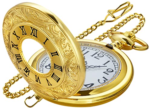 Realpoo Gold Hollowed Out Roman Covered Quartz Pocket Watch for Men, Arabic Numerals White Dial Pocket Watches for Men, Men's Quartz Pocket Watch with Chain -Gold by Realpoo - Used condition - US$8.68