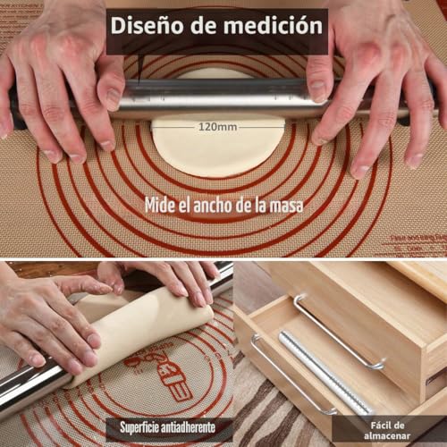 Miniatura 7 de Super Kitchen Rodillo Amasar De Acero Inoxidable, Rodillo Masa De Metálicos Rolling Pins Con 5 Discos Ajustables Anillo Grosor, Accesorios De Horneado Para Fondant Pastelería, Pastas, Pizza 35 Cm
