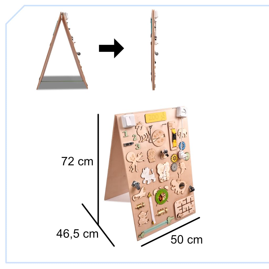 Leo - Quadro di attività sensoriale Montessori Busy Board in legno autoportante double face naturale Zoo 75 cm
